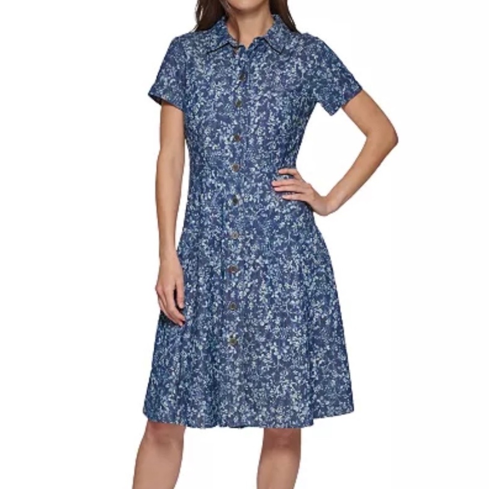 Tommy Hilfiger Floral Cottagecore Western Boho Chambray Denim Shirt Dress